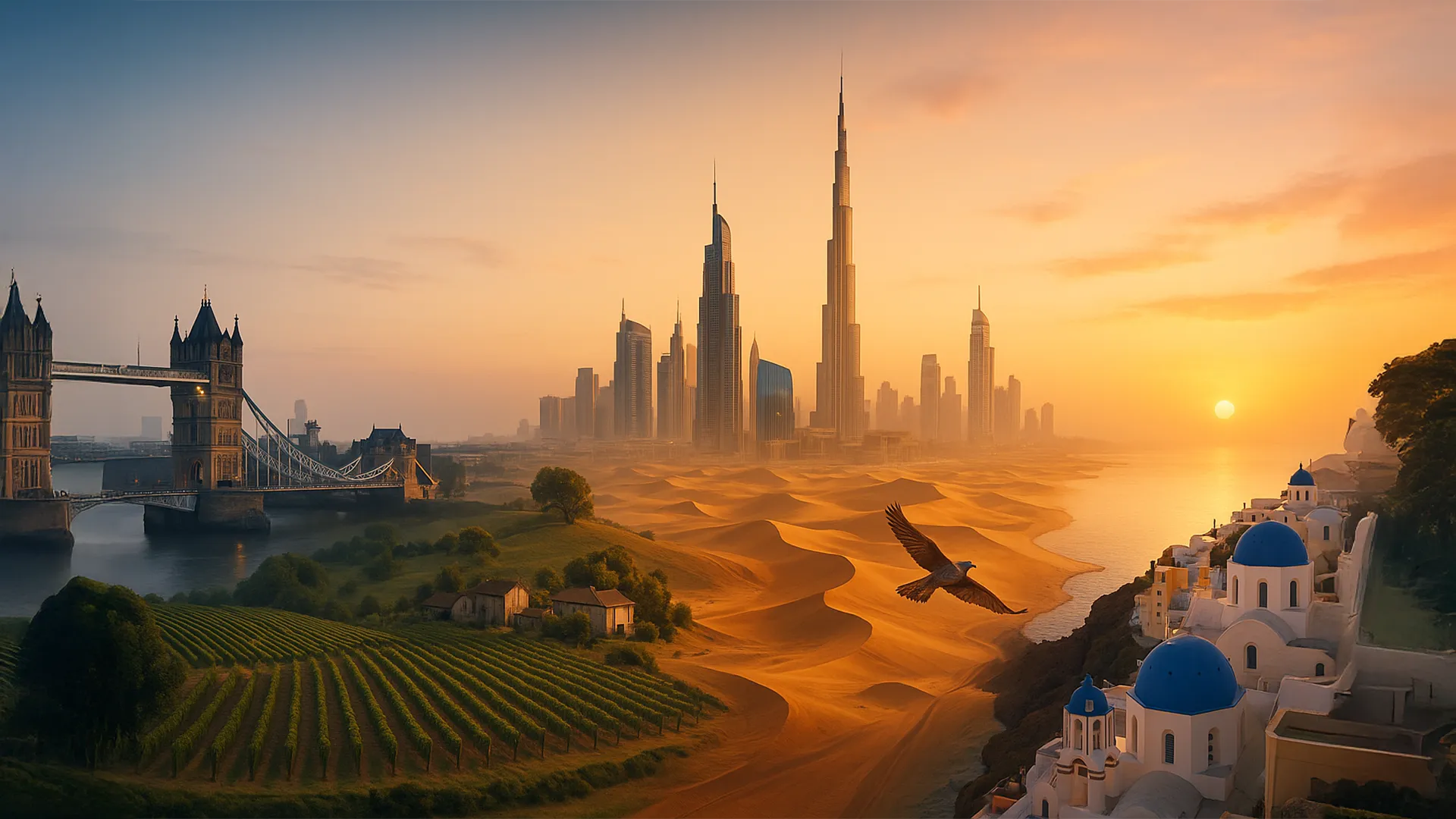 Desert cityscape with iconic landmarks